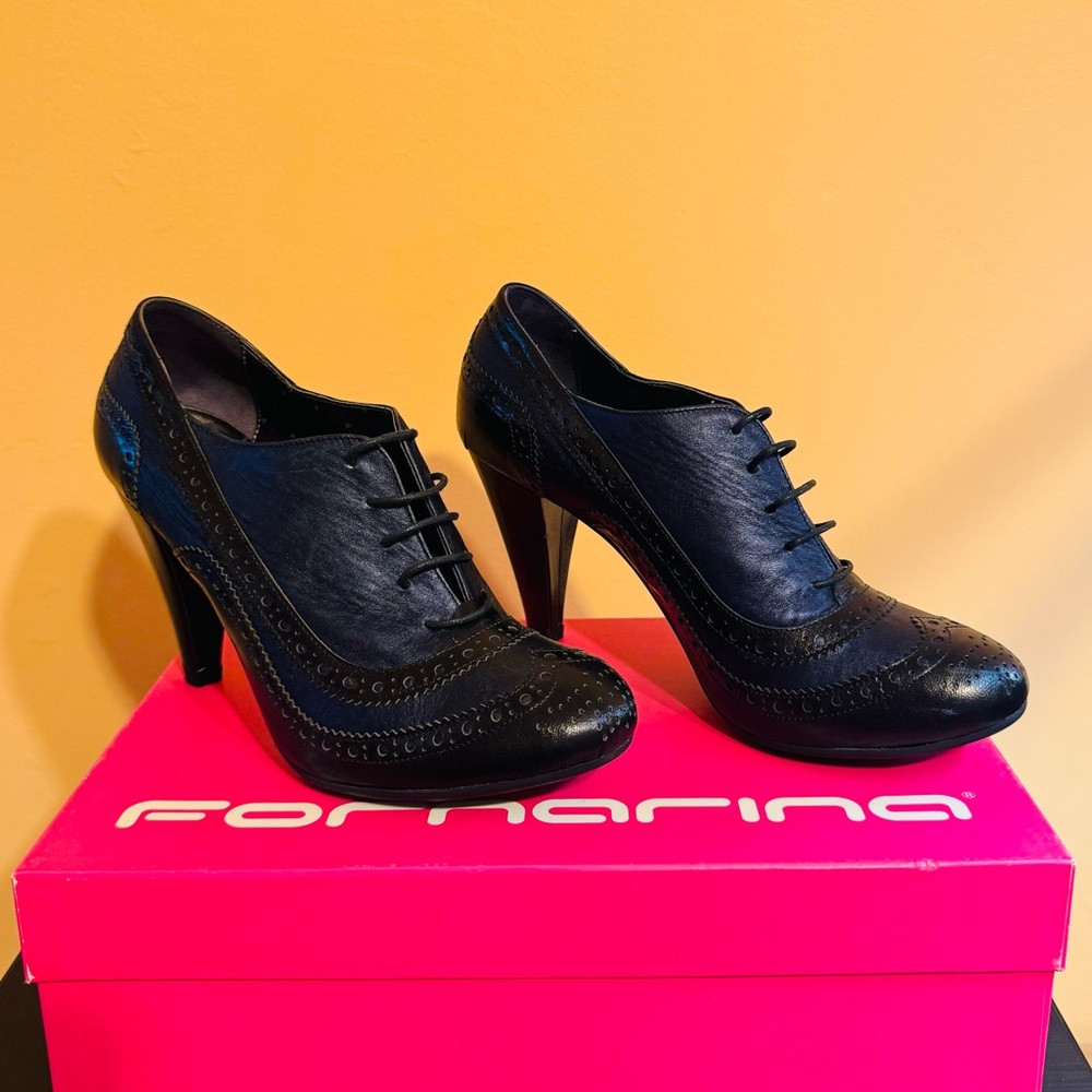 Fornarina Leather Heeled Oxfords, Blue & Black, Size 37